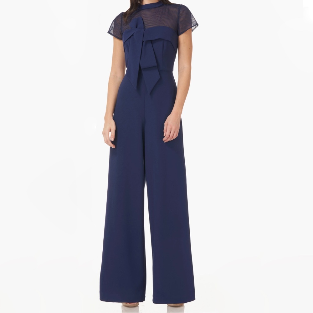 JS Collections - Stretch Crepe Illusion Neck Bow Jumpsuit - Picture 1 of 9
